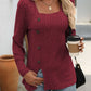 Decorative Button Striped Square Neck Long Sleeve T-Shirt