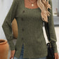 Decorative Button Striped Square Neck Long Sleeve T-Shirt