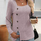 Decorative Button Striped Square Neck Long Sleeve T-Shirt