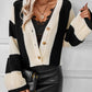 Waffle-Knit V-Neck Striped Long Sleeve Cardigan