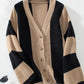 Waffle-Knit V-Neck Striped Long Sleeve Cardigan